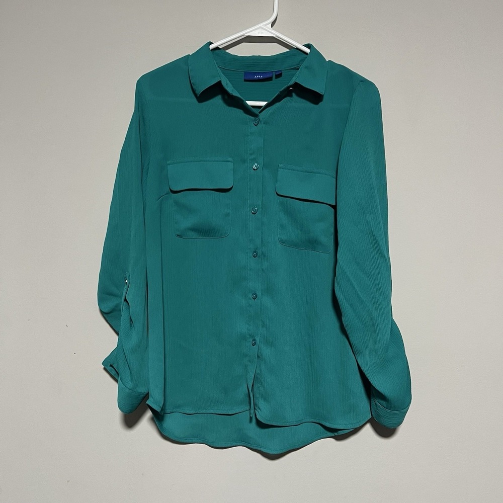Apt. 9 Women's Medium Blouse Roll Up Long Sleeve Sheer Collared Ribbed Blouse